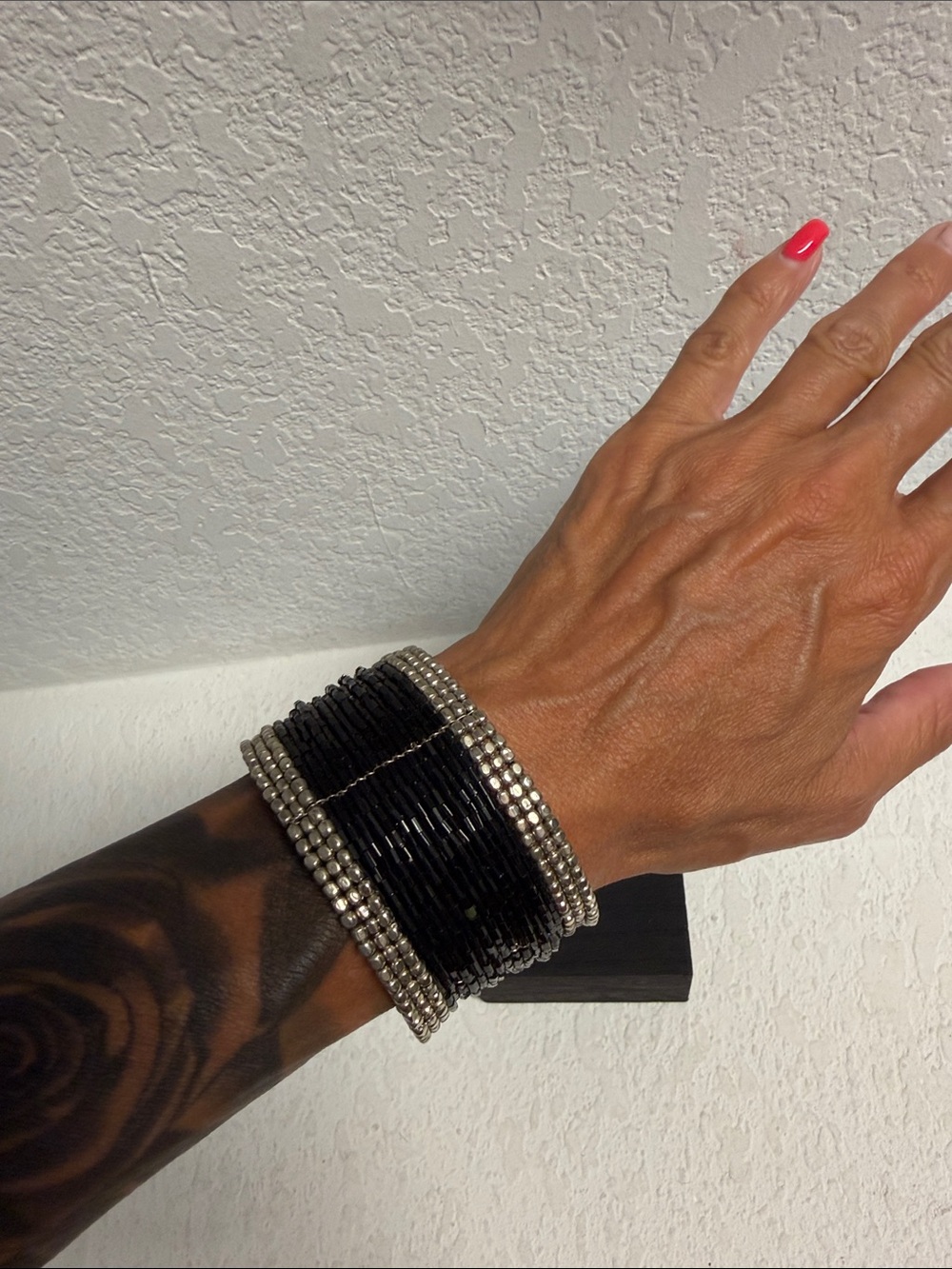 Y2K Handcrafted Black and Silver Beaded Cuff Bracelet woman’s os